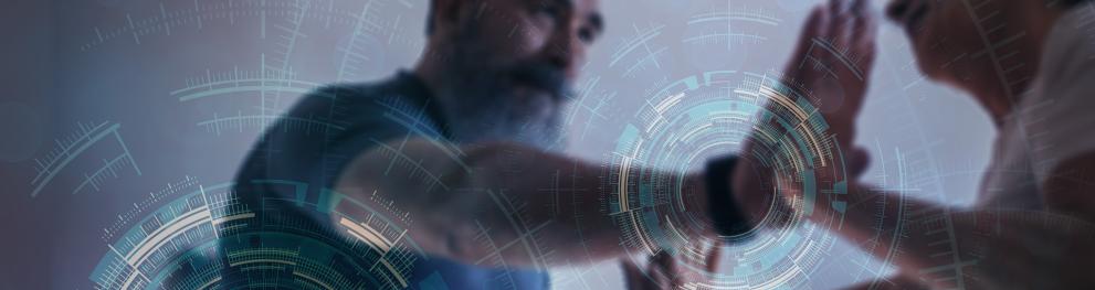 Two people high-fiving, with a futuristic digital overlay featuring circular and linear interface elements. The image represents the themes of the Digital Health for All project, symbolising connection, collaboration, and technology-driven health solutions.