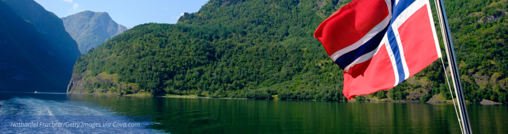 Norwegian flag in front of a beautiful Norwegian fjord landscape.