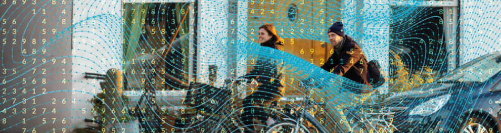 two people cycilng side by side surrounded by numbers indicating data
