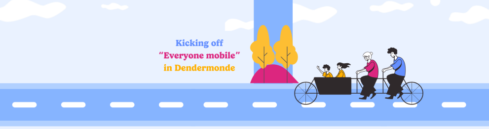 A cartoon-style banner shows SMALL's typical colours and visual of people cycling together on an elongated tandem. The title of the article, "Kicking off 'Everyone mobile'" is visible on the left