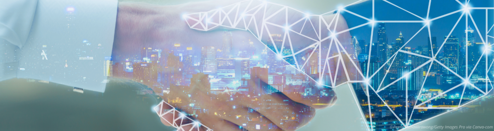A closeup photo of a handshake with a digital network on top.