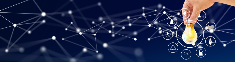 A hand holding a lightbulb, with a network behind.