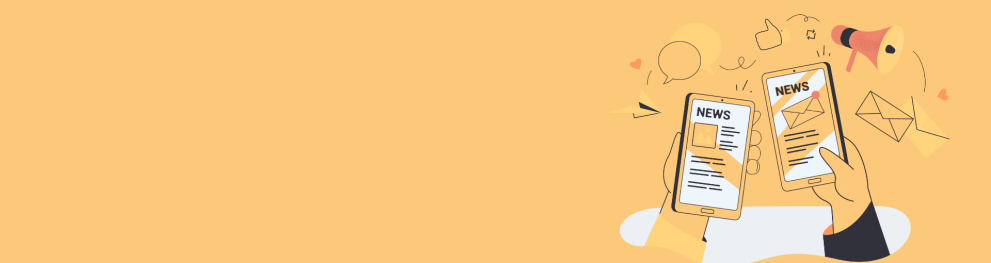 A hand holding mobile phones and icons showing communication