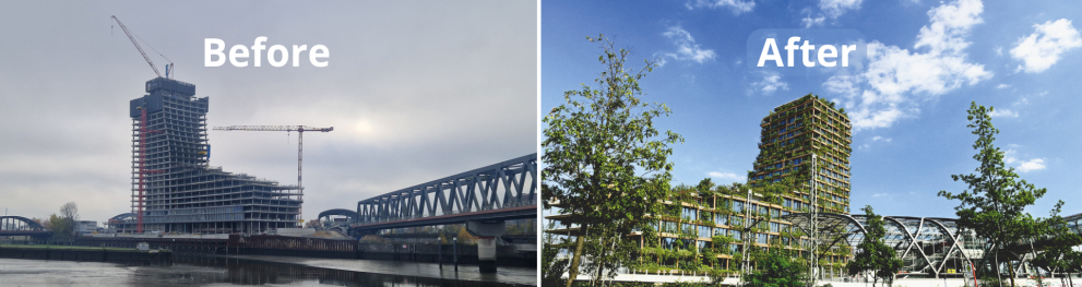 Two pictures showing the same tower - in one photo it is grey concrete, in another it is overgrown with green plants.