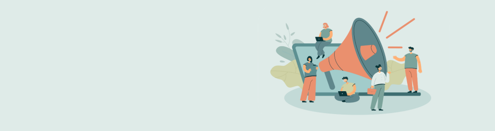 Illustration showing a group  of people next to a huge loudspeaker.