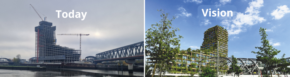 The Elb tower as it looks today next to a visualisation of a green, circular tower. 