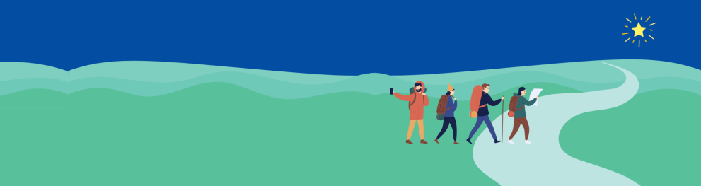 A group of hikers navigating the road with the help of a map and the North Star.