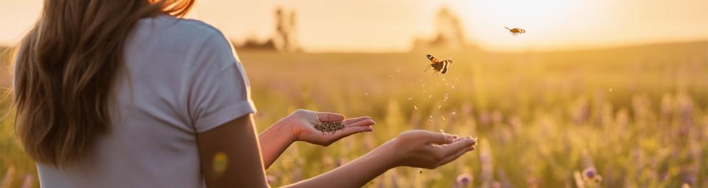 An AI-generated picture of a woman standing on a field in the sunrise