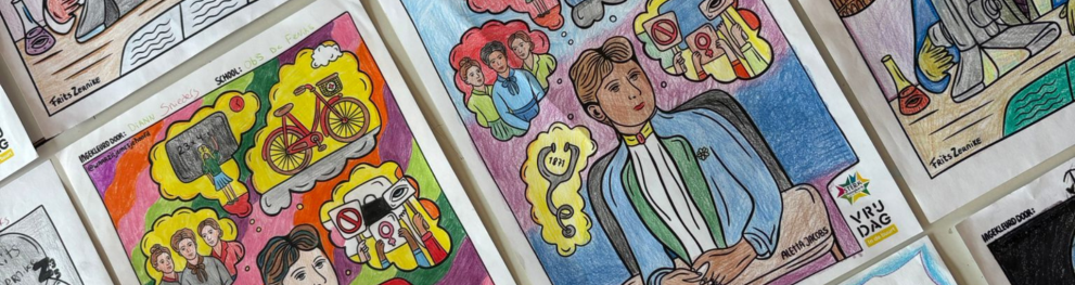 A lopsided image of the coloured drawings for the Sterk Hoogkerk electrical boxes art project. 