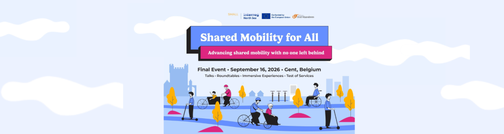 The picture is the poster for the final SMALL event. In large text, it shows the project name: "Shared Mobility for All", and the title of the event: 'Advancing shared mobility with no one left behind'